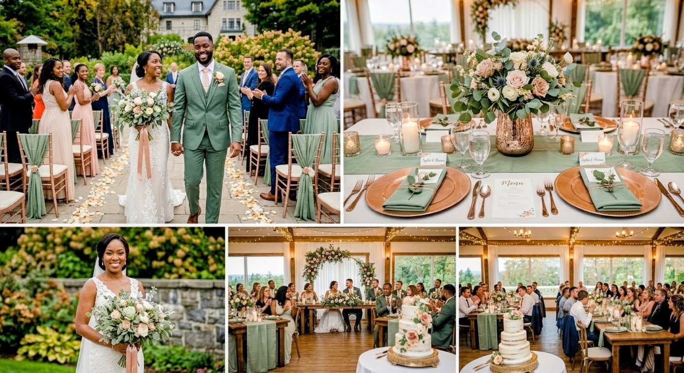 Mariage — décor vert sage et rose